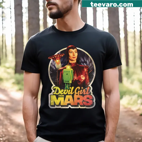 Illustration of 'Devil Girl From Mars' from the 1954 film on T-shirt.