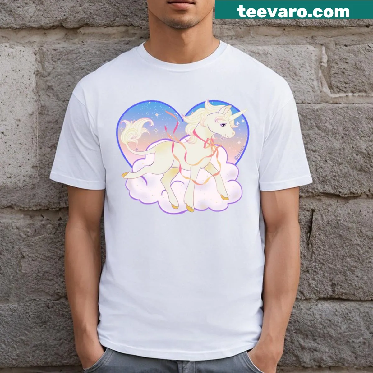 Whimsical unicorn design with ribbons on a casual t-shirt — on a men's t-shirt