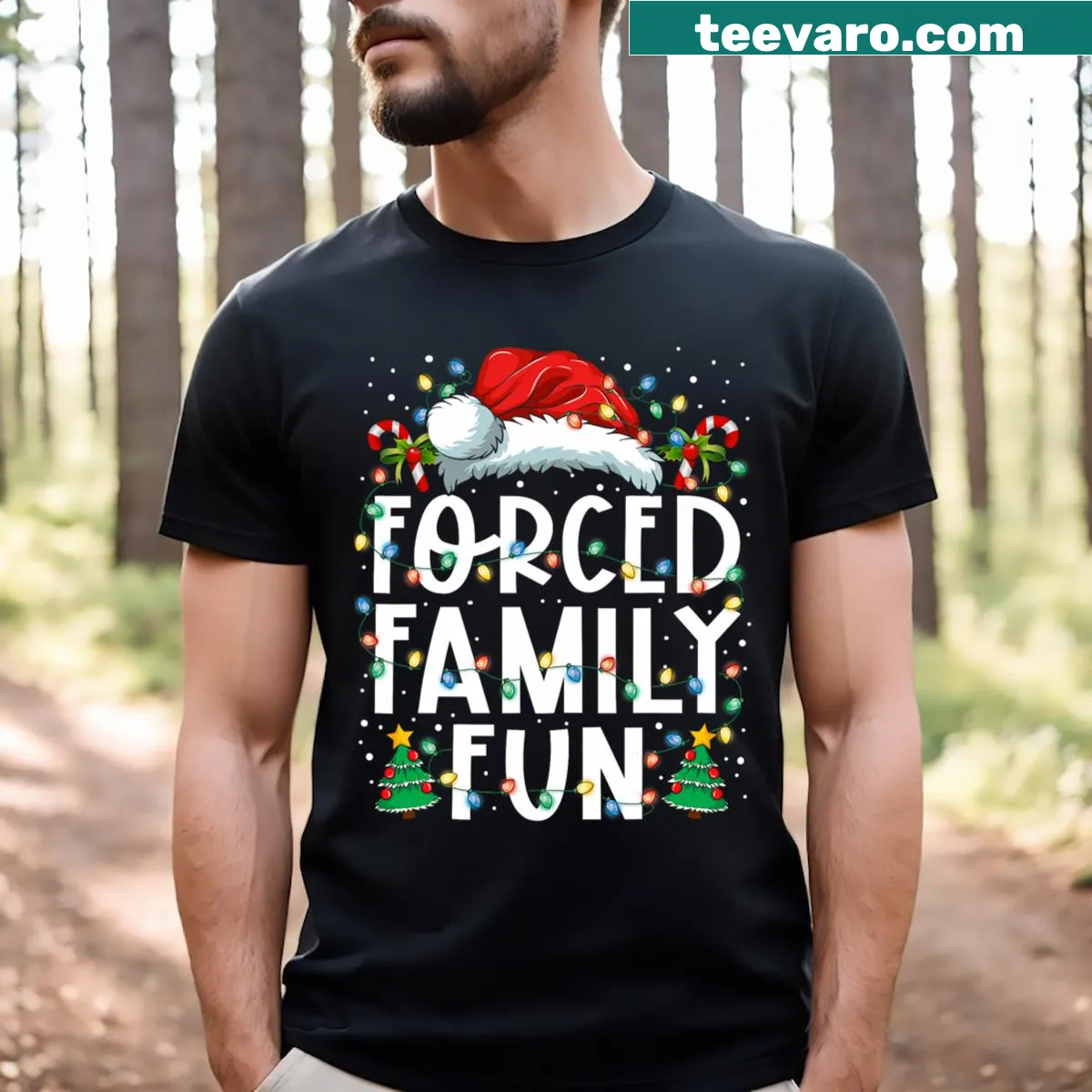 Funny 'Forced Family Fun' Christmas T-shirt for men with playful typography. — on a men's t-shirt