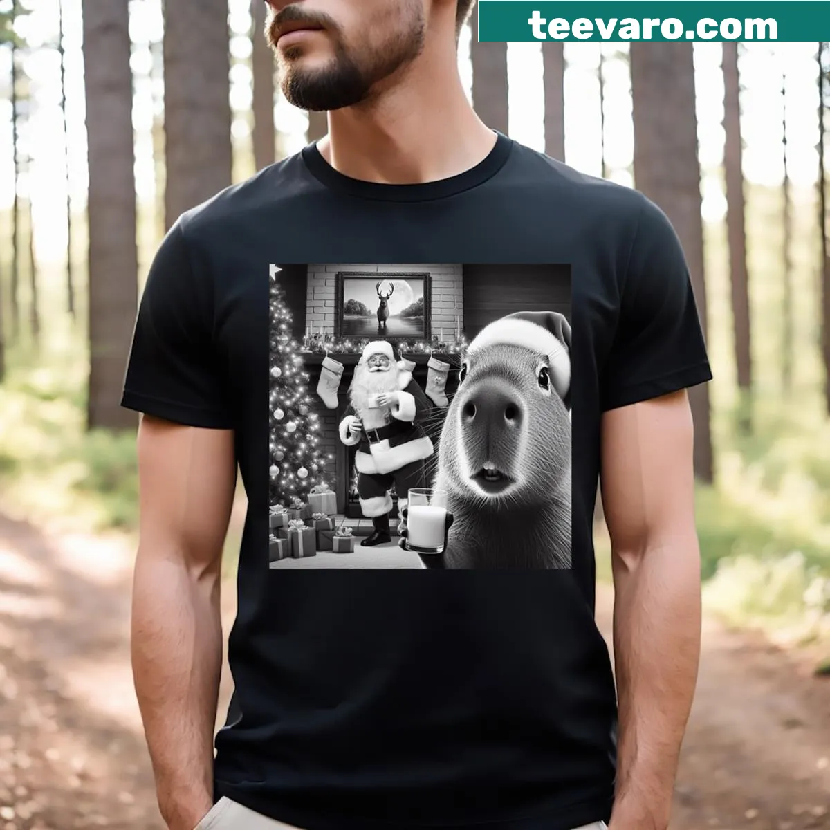 Capybara selfie with Santa graphic on a t-shirt — on a men's t-shirt