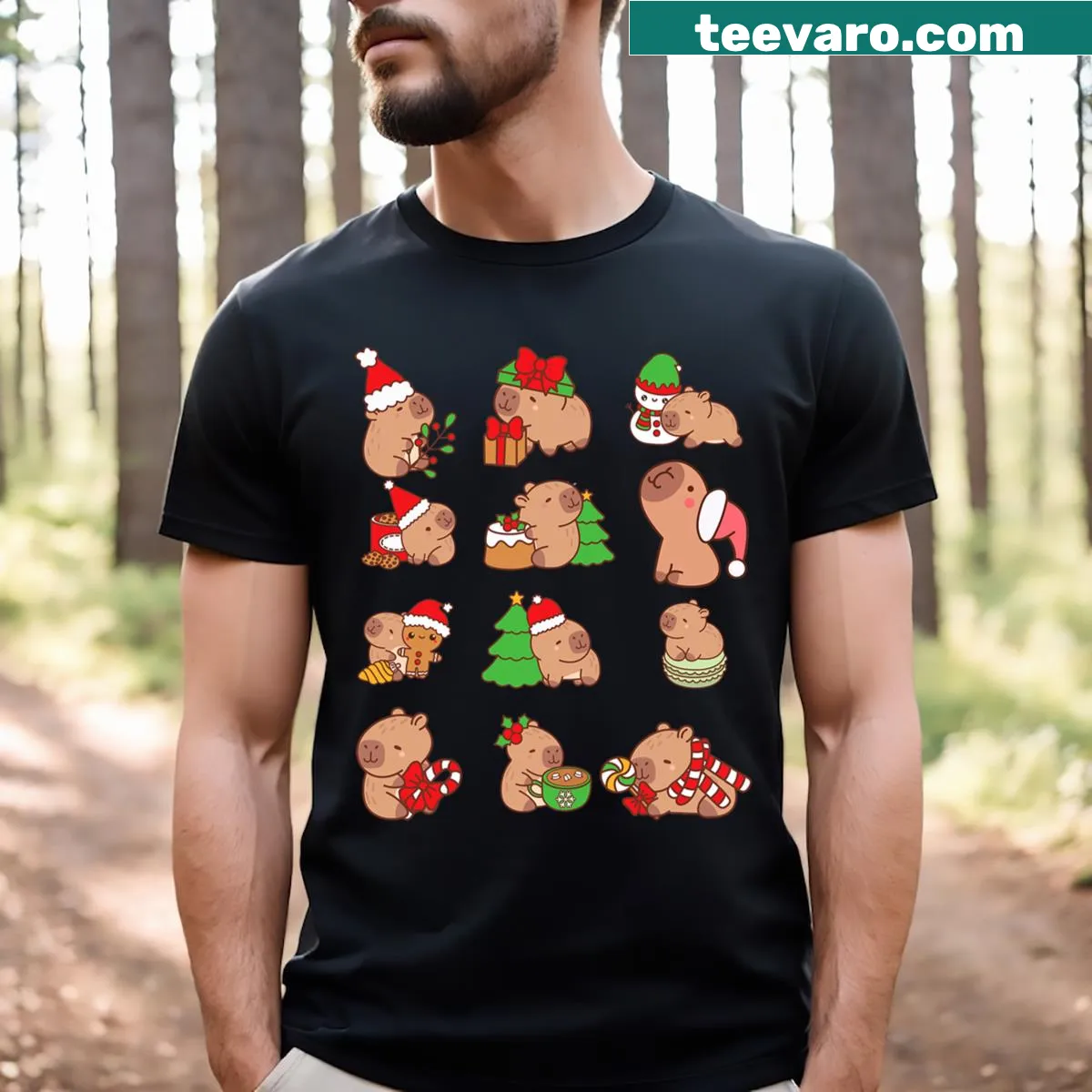 Adorable capybara graphic with Christmas elements on a humorous t-shirt — on a men's t-shirt