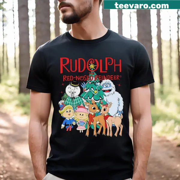 Rudolph the Red Nosed Reindeer with a Christmas tree on a t-shirt