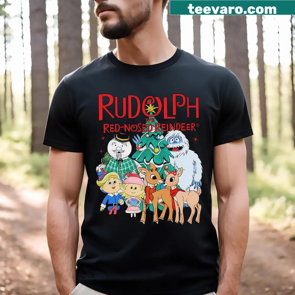 Rudolph the Red Nosed Reindeer with a Christmas tree on a t-shirt — on a men's t-shirt