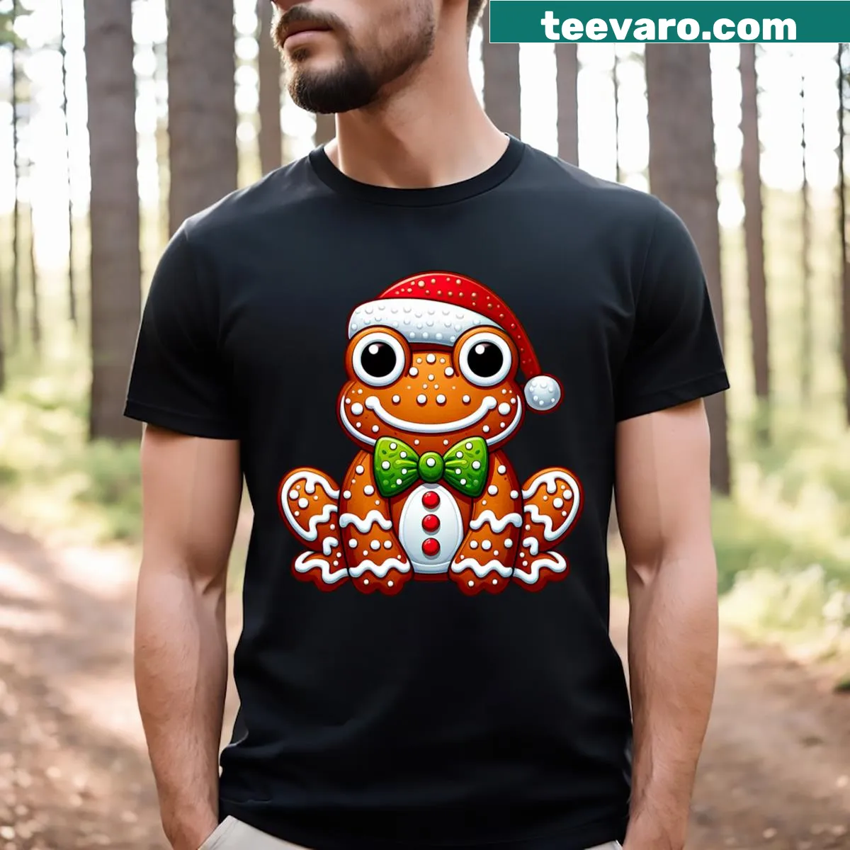 Funny gingerbread man with frog features graphic on a t-shirt — on a men's t-shirt
