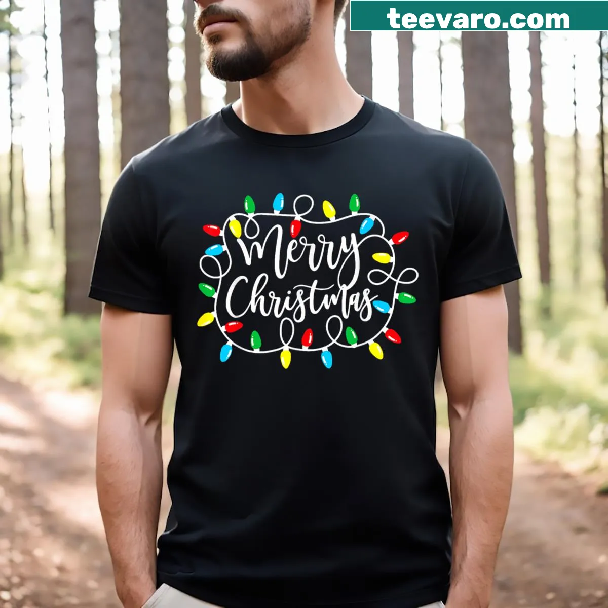 Funny Merry Christmas Lights text design on a t-shirt — on a men's t-shirt