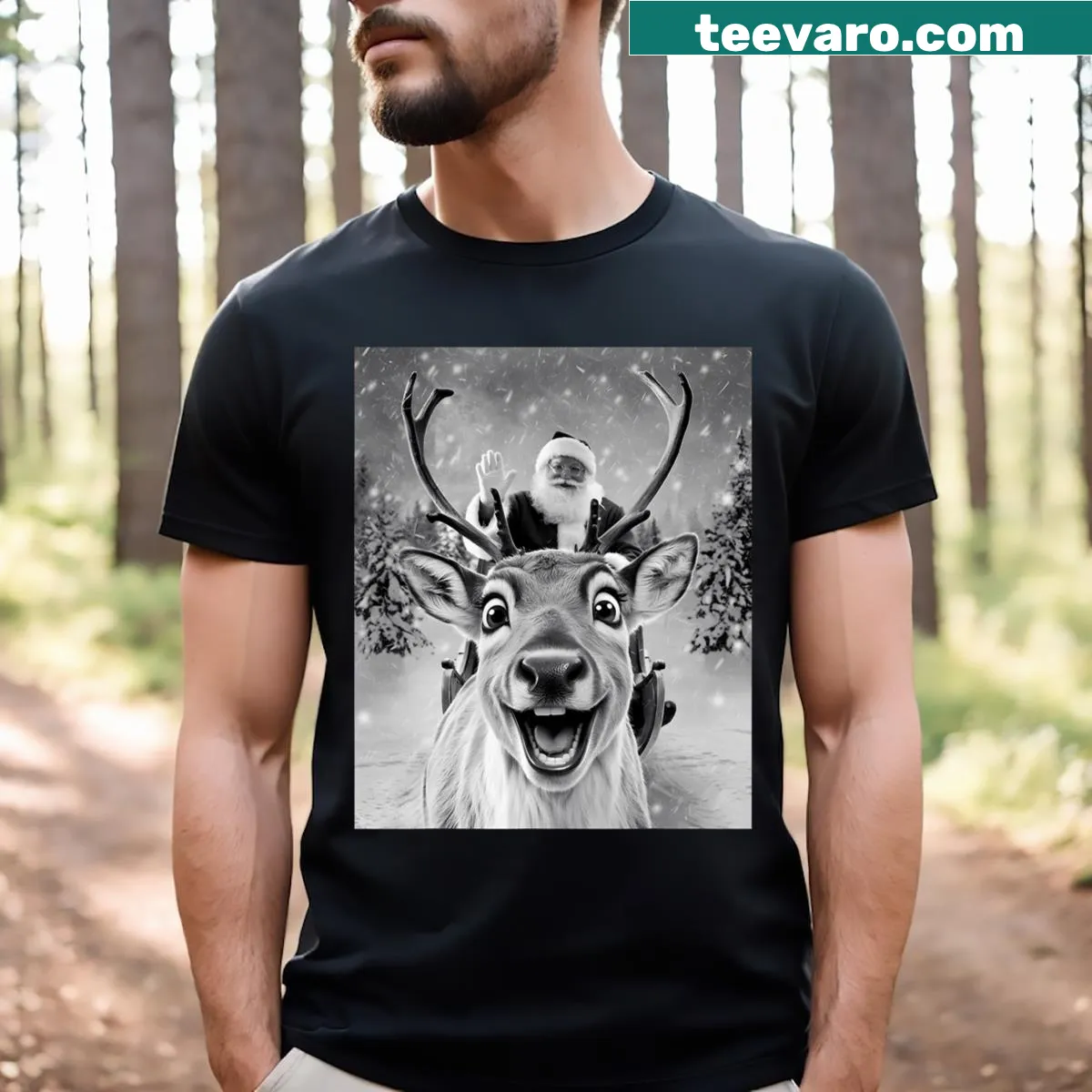 Funny reindeer and Santa selfie Christmas t-shirt — on a men's t-shirt