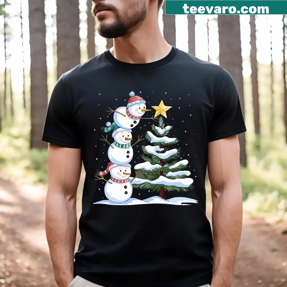 Funny snowman and Christmas tree design for family matching shirts — on a men's t-shirt