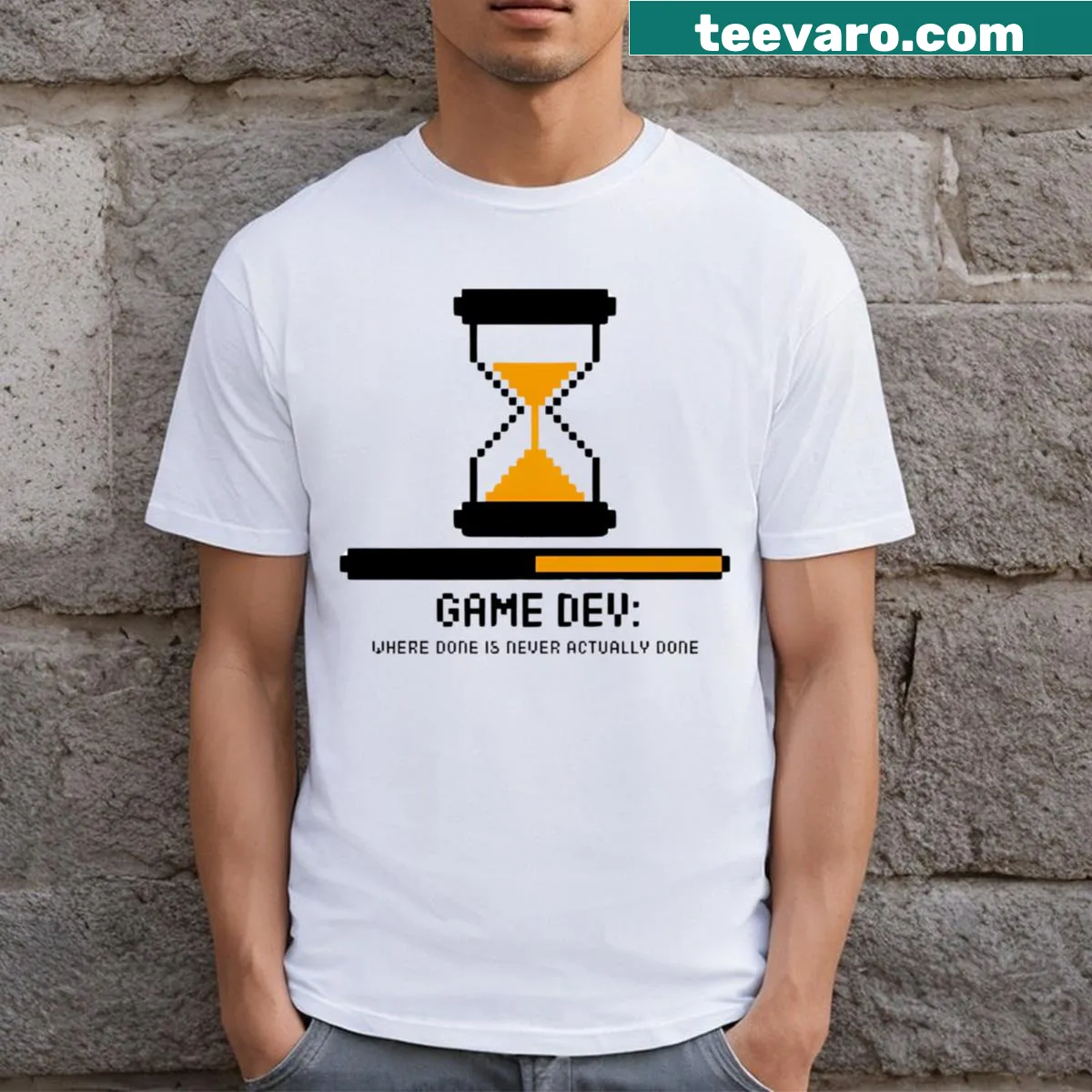 Funny Game Dev t-shirt with the text 'Game Dev Done Is Never Done' — on a men's t-shirt