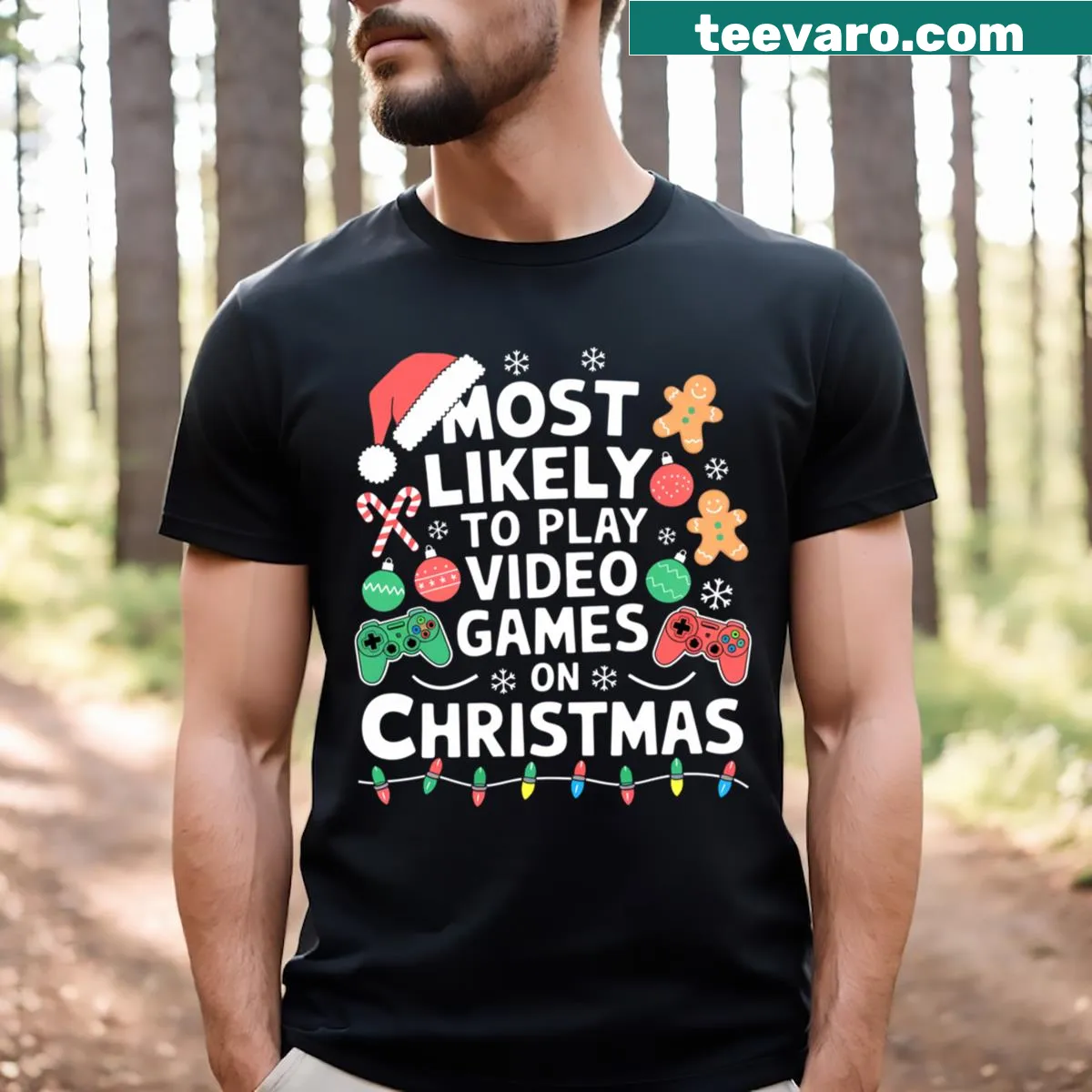 Christmas shirt for gamers featuring fun video game graphics — on a men's t-shirt