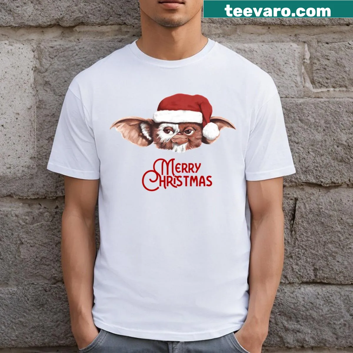 Festive Gizmo-themed Christmas t-shirt — on a men's t-shirt