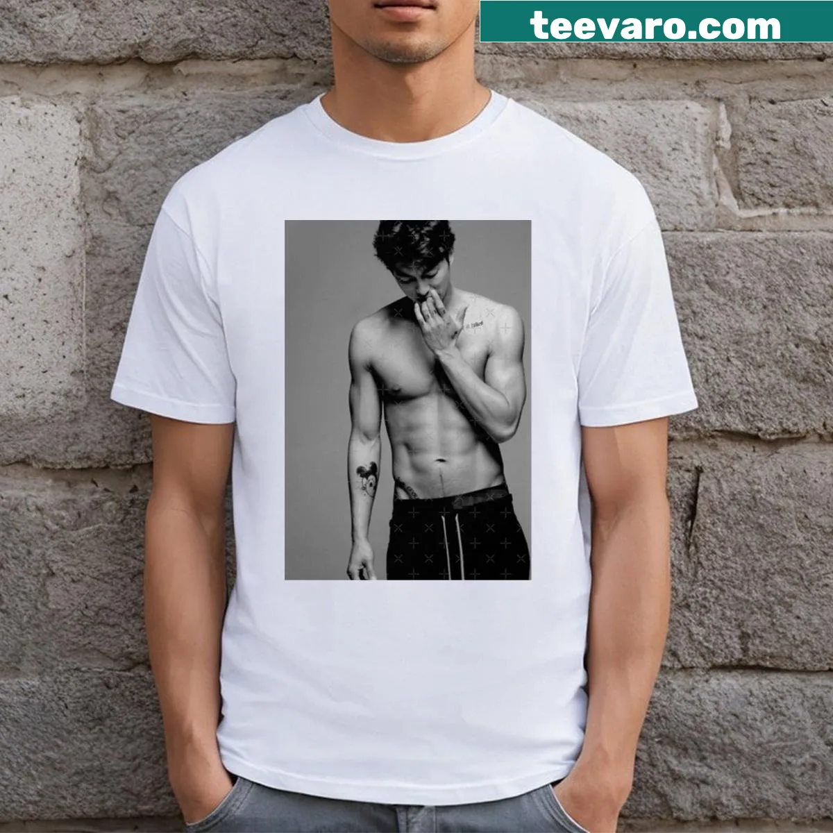 Vintage black and white graphic of Gong Yoo on a t-shirt — on a men's t-shirt