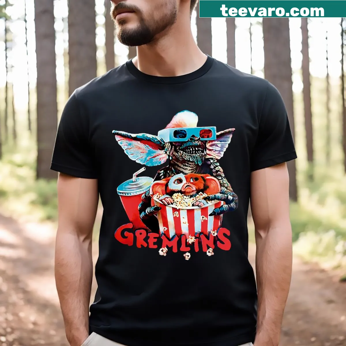 Gremlins themed t-shirt featuring iconic characters and logo — on a men's t-shirt