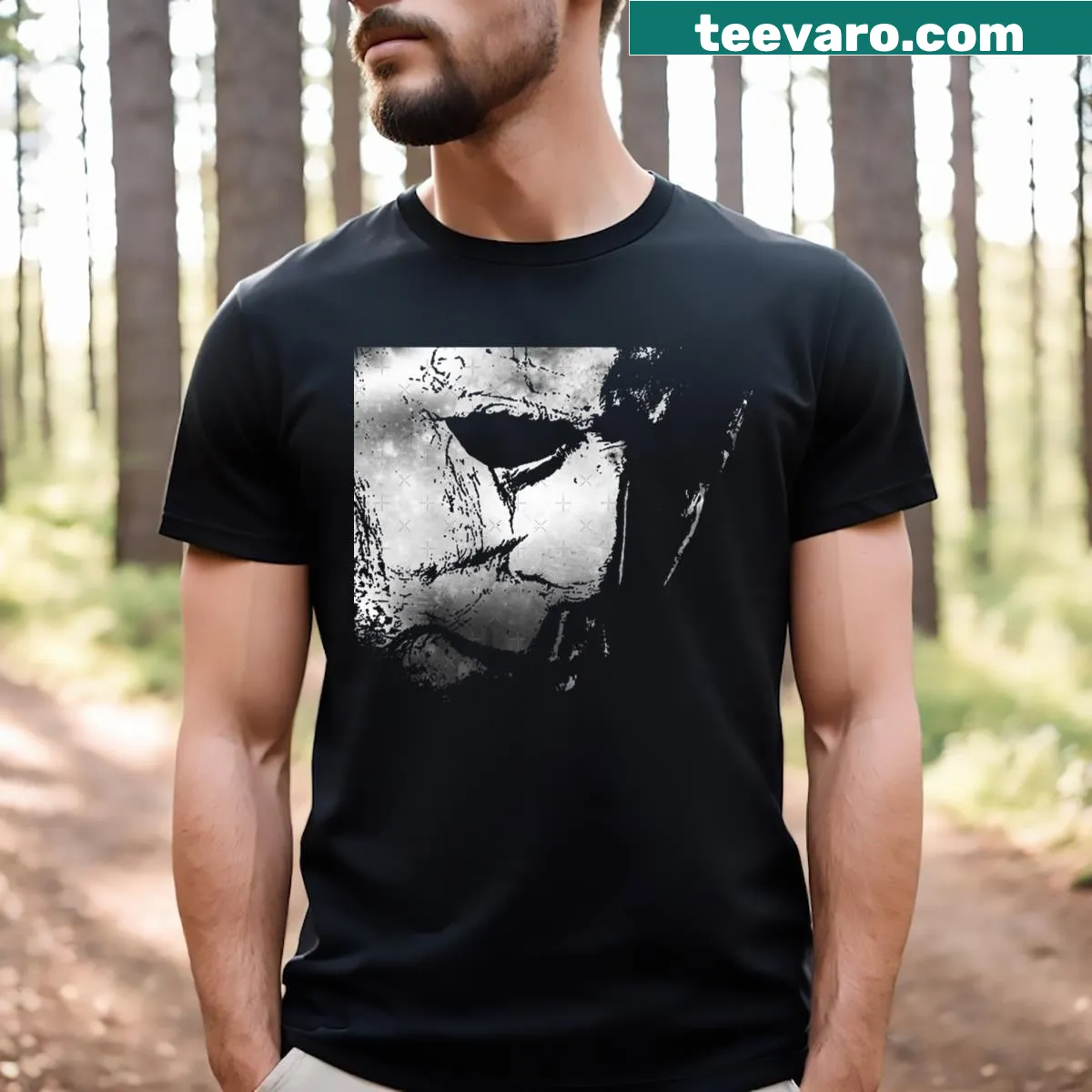 Slasher horror mask design t-shirt for Halloween enthusiasts — on a men's t-shirt