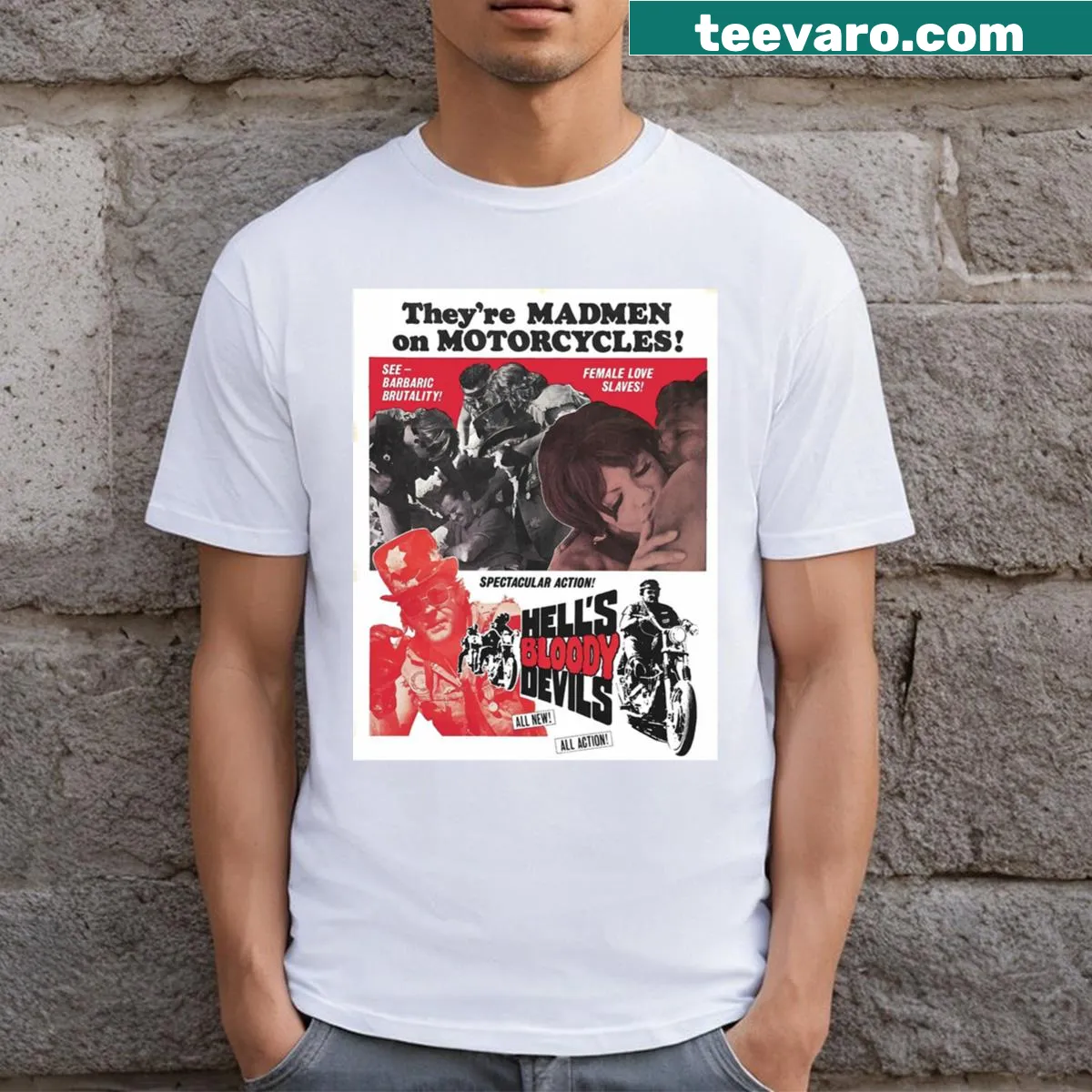 Bold graphic t-shirt featuring Hell's Bloody Devils design — on a men's t-shirt