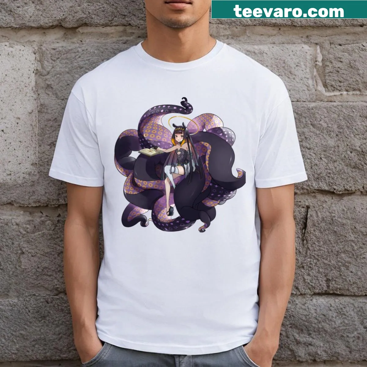 Hololive Ninomae Inanis graphic T-shirt for gaming fans — on a men's t-shirt