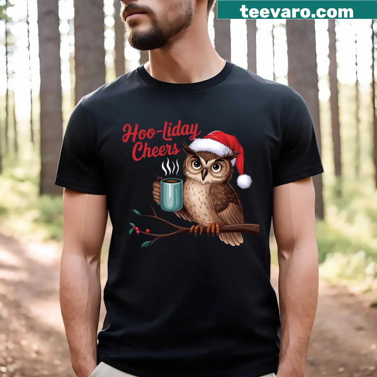 Festive owl graphic T-shirt with a joyful holiday theme — on a men's t-shirt
