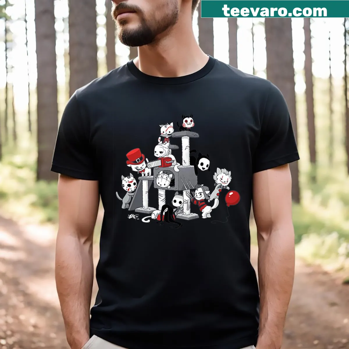 Halloween-themed T-shirt featuring cartoon cats in costumes — on a men's t-shirt