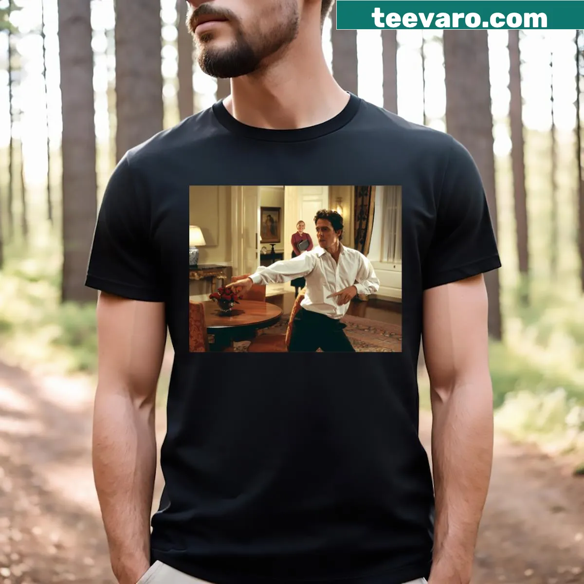 Elegant typography tribute to Hugh Grant on T-shirt — on a men's t-shirt