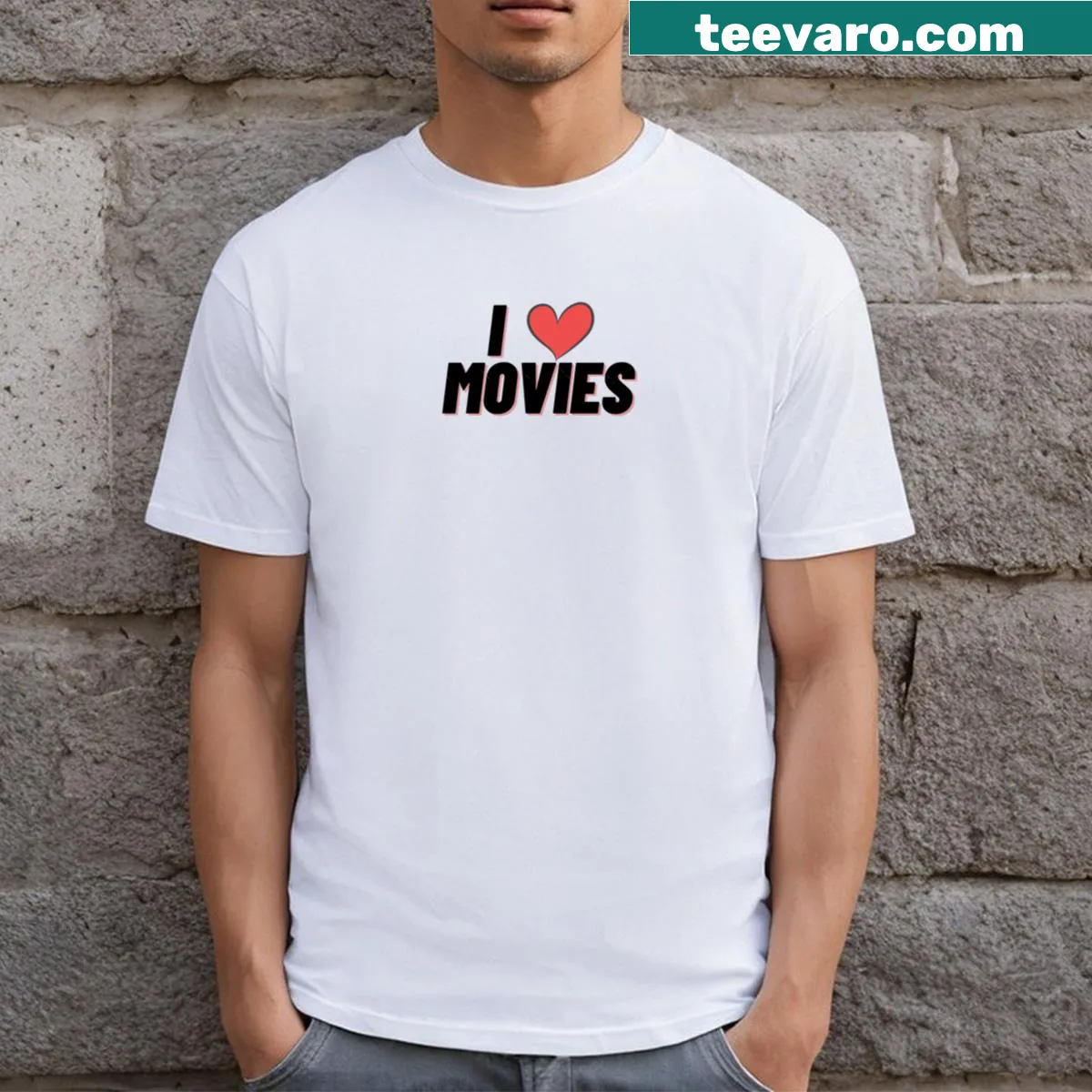 I Love Movies graphic t-shirt in bold typography — on a men's t-shirt