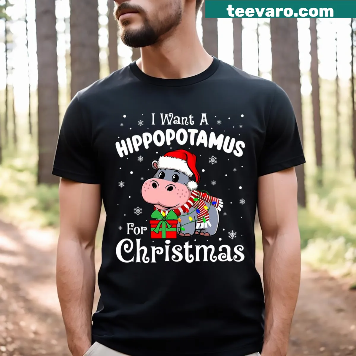 Christmas T-shirt featuring a playful hippo illustration — on a men's t-shirt