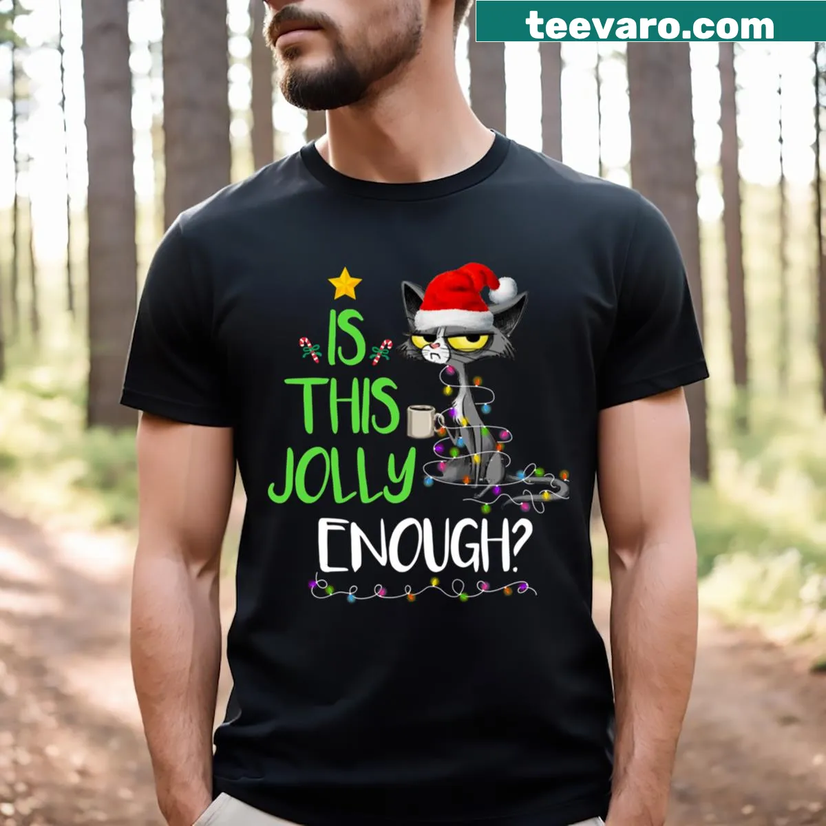 Cute black cat Christmas t-shirt with festive graphics — on a men's t-shirt