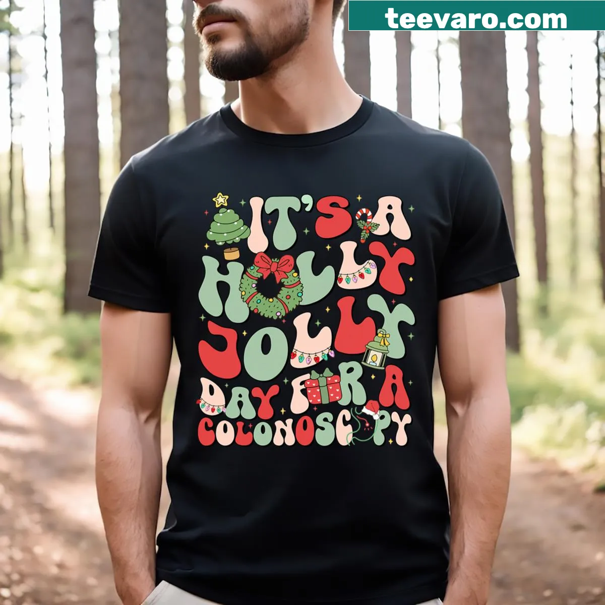Humorous T-shirt combining colonoscopy with Christmas cheer. — on a men's t-shirt