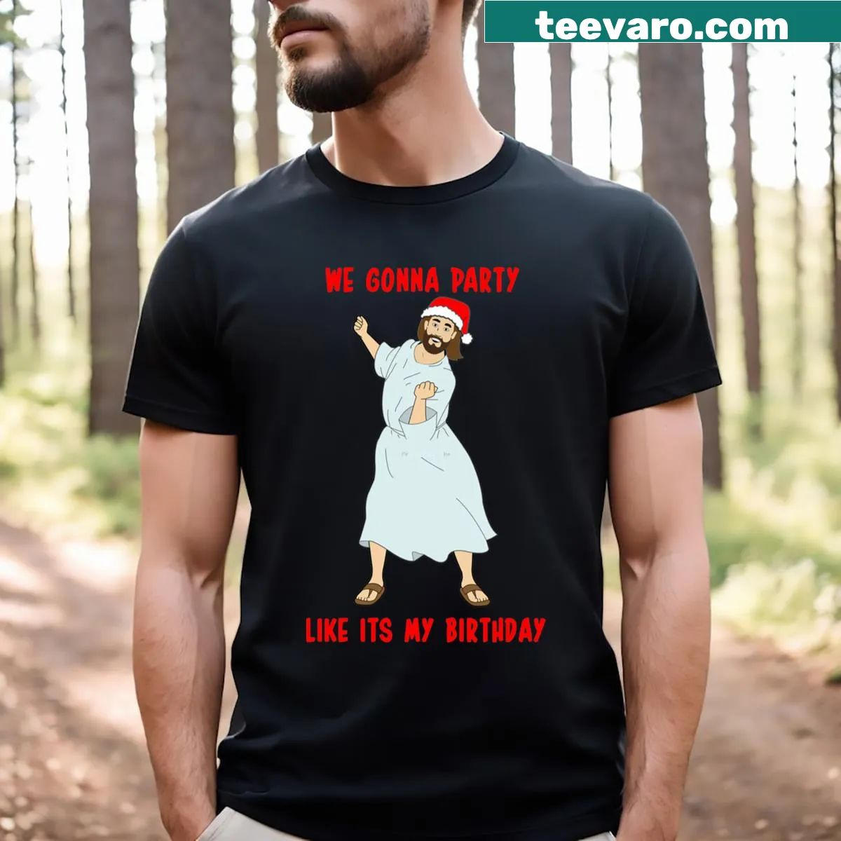 Essential T-shirt celebrating Jesus' birthday with bold lettering. — on a men's t-shirt
