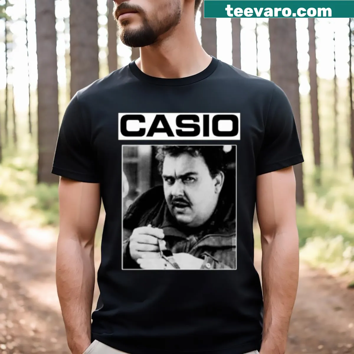 Essential T-shirt celebrating John Candy with a Casio reference. — on a men's t-shirt