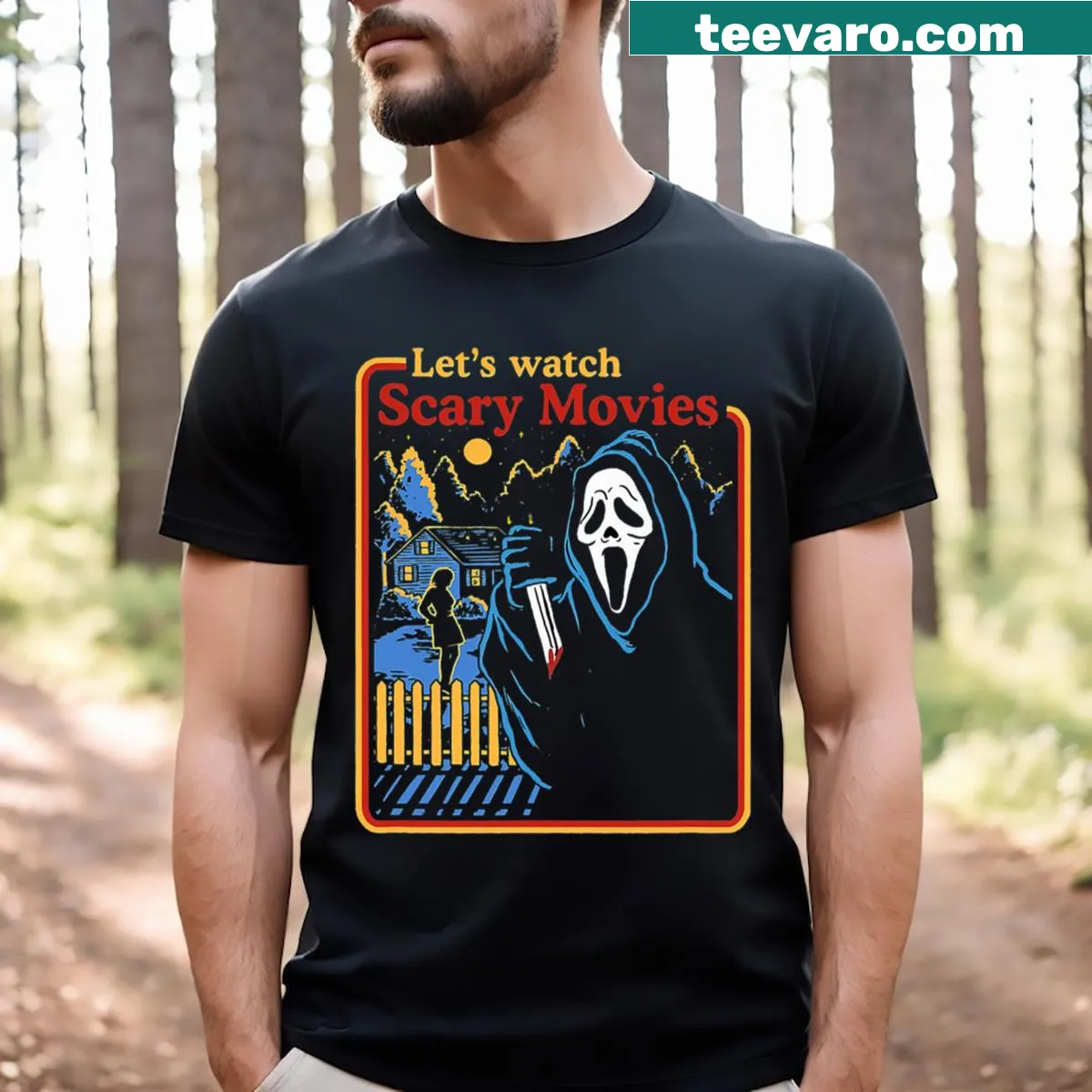Edgy t-shirt with 'Lets Watch Scary Movies' text — on a men's t-shirt
