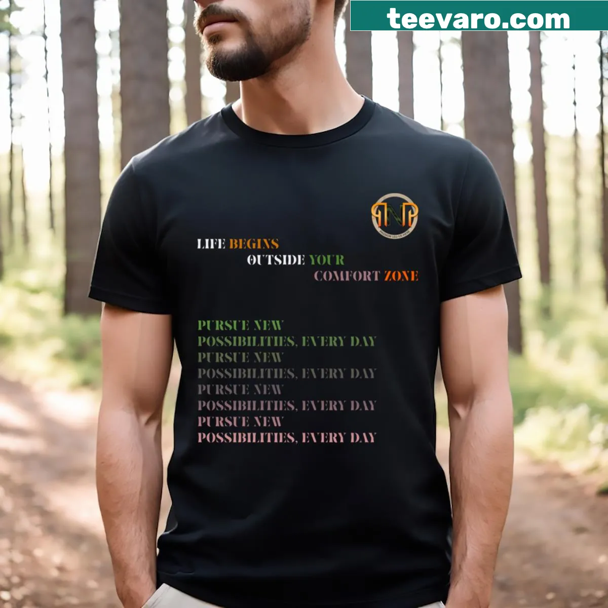 Inspirational typography t-shirt with the phrase 'Life Starts Outside Your Comfort Zone'. — on a men's t-shirt