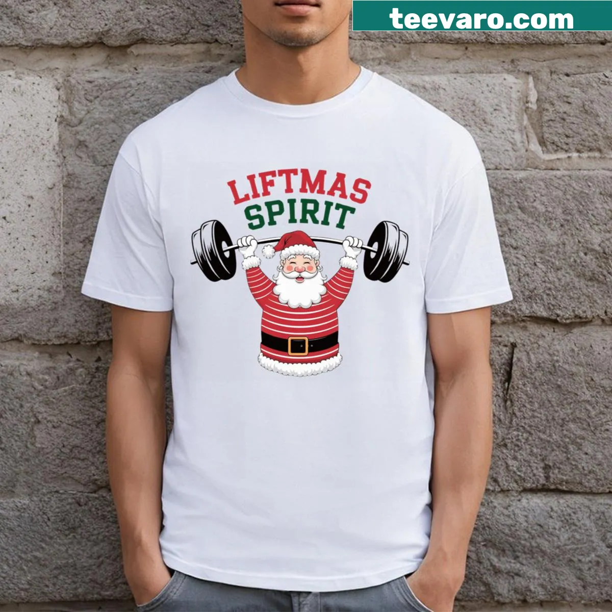 Santa lifting weights in a playful Christmas design on a t-shirt. — on a men's t-shirt