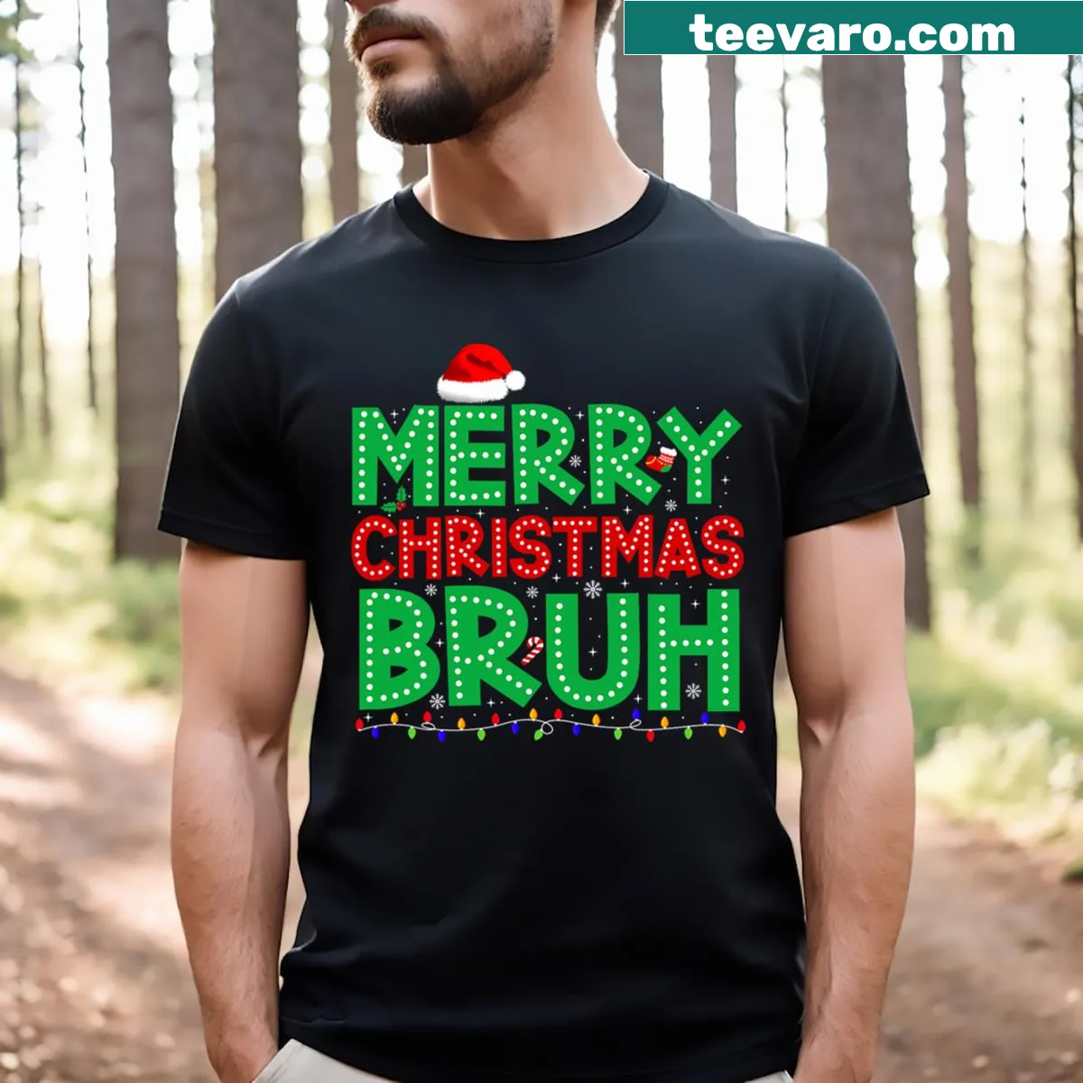 Funny Merry Christmas Bruh T-shirt with Santa hat and lights graphic — on a men's t-shirt