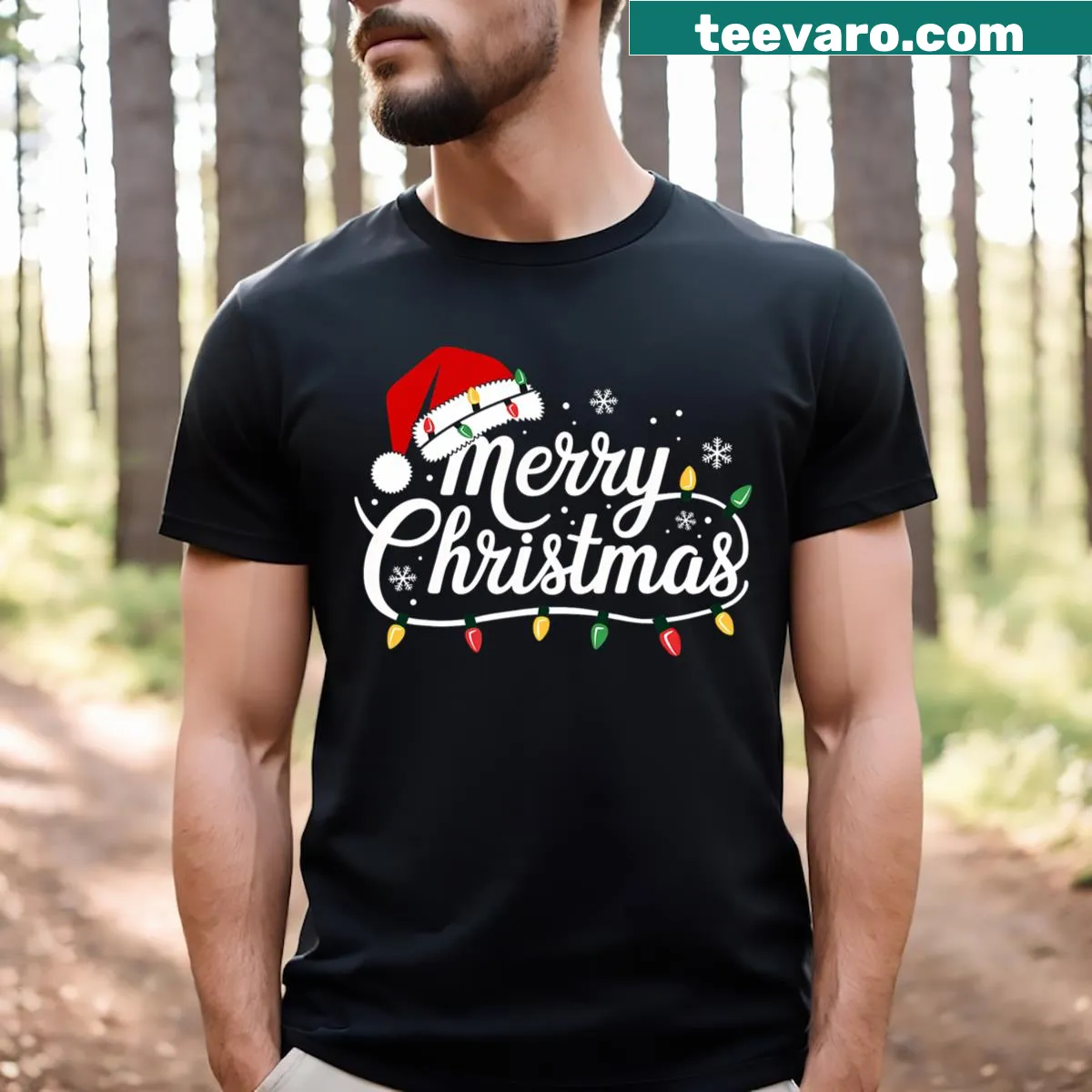 Vintage Santa hat T-shirt with colorful lights for Christmas — on a men's t-shirt