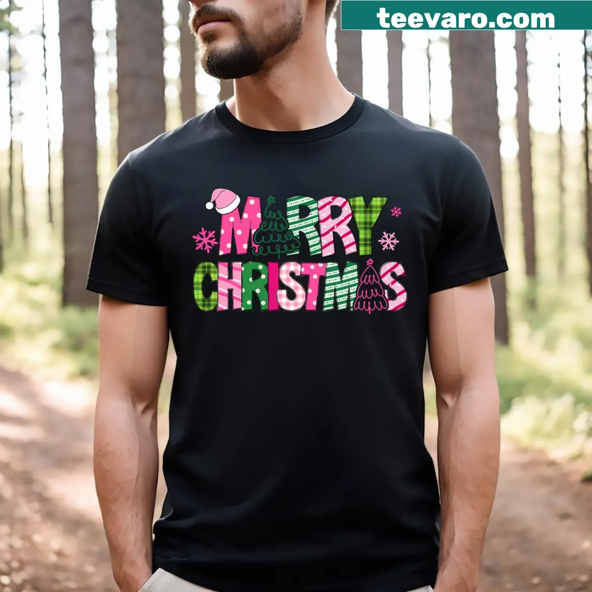 Whimsical pink Christmas tree T-shirt for holiday wear — on a men's t-shirt