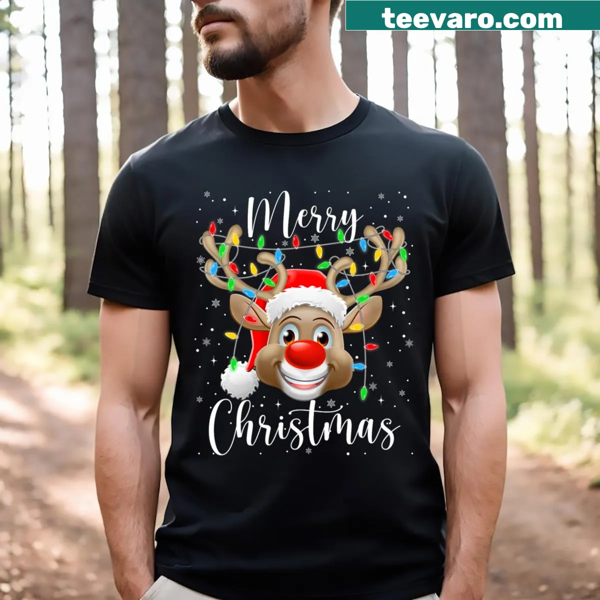 Festive reindeer design on matching family Christmas T-shirts — on a men's t-shirt