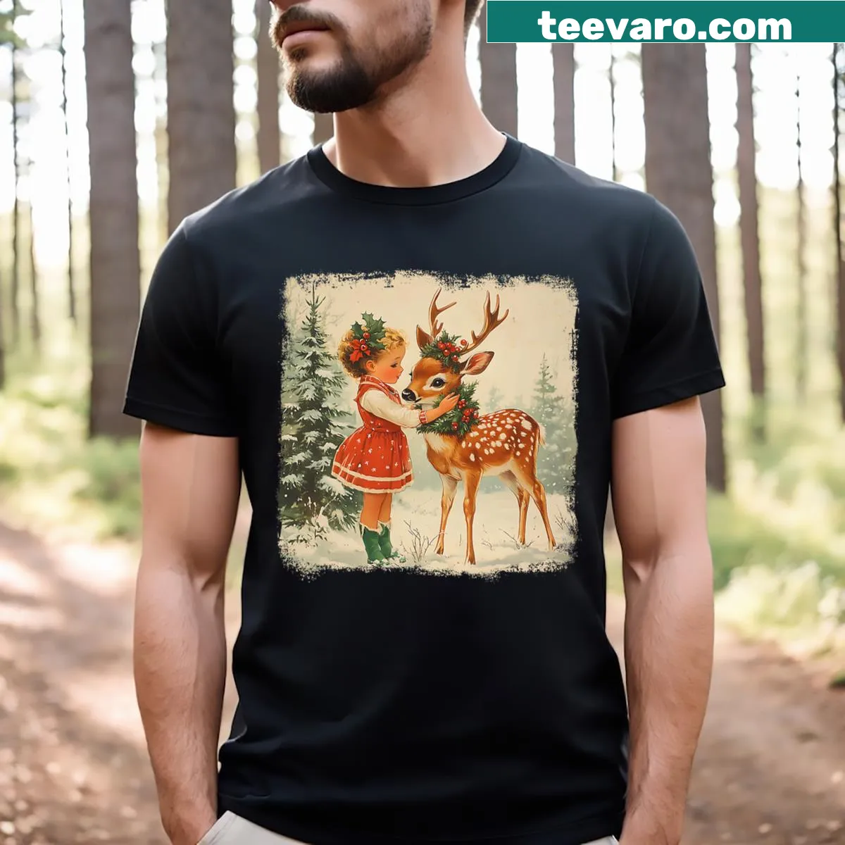 Vintage-style reindeer T-shirt featuring a girl for Christmas — on a men's t-shirt