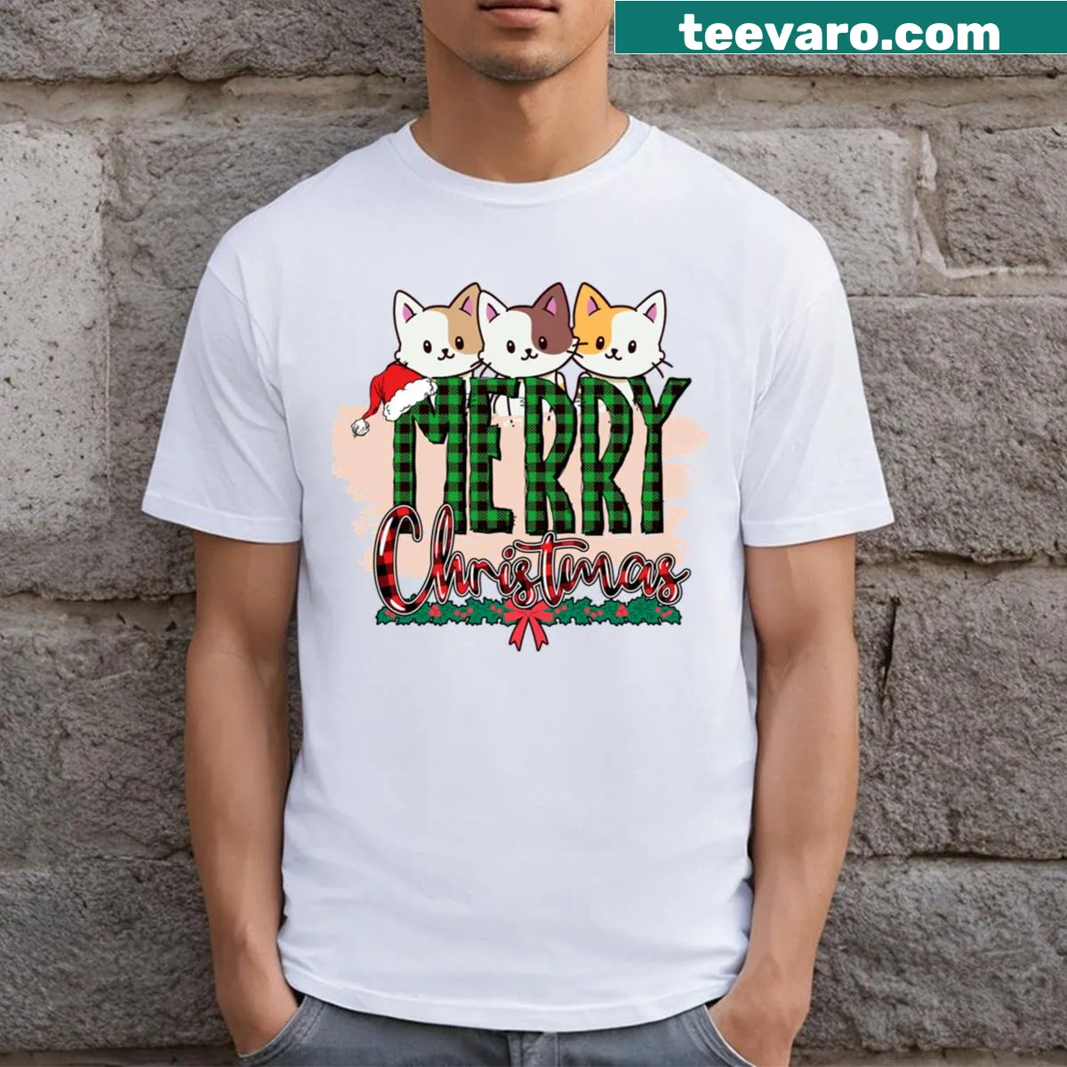 Cute kittens in festive gear T-shirt for Christmas — on a men's t-shirt