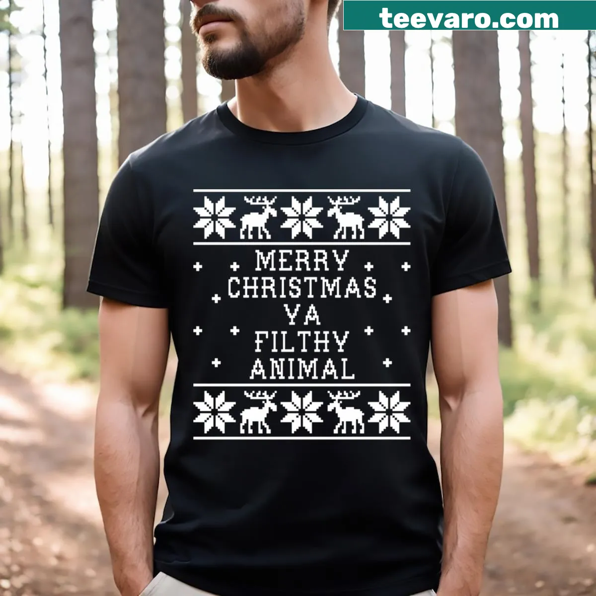 Funny Christmas T-shirt with the phrase 'Merry Christmas Ya Filthy Animal.' — on a men's t-shirt