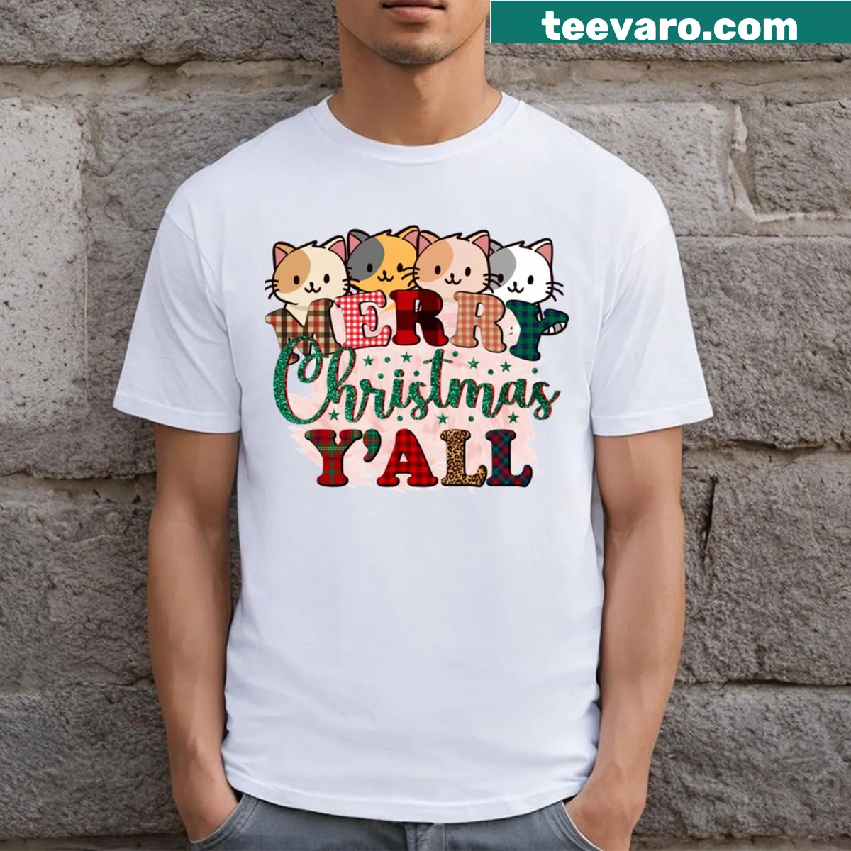 Christmas shirt with kittens and 'Merry Christmas Y'all' text — on a men's t-shirt