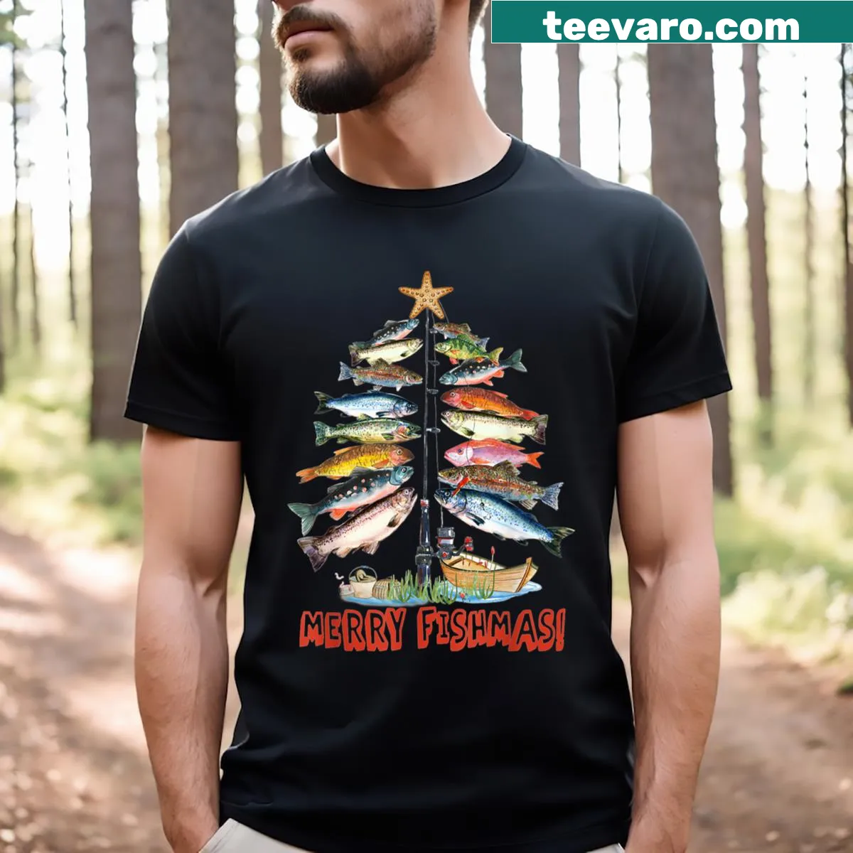 Christmas T-shirt featuring a fish decorated Christmas tree — on a men's t-shirt