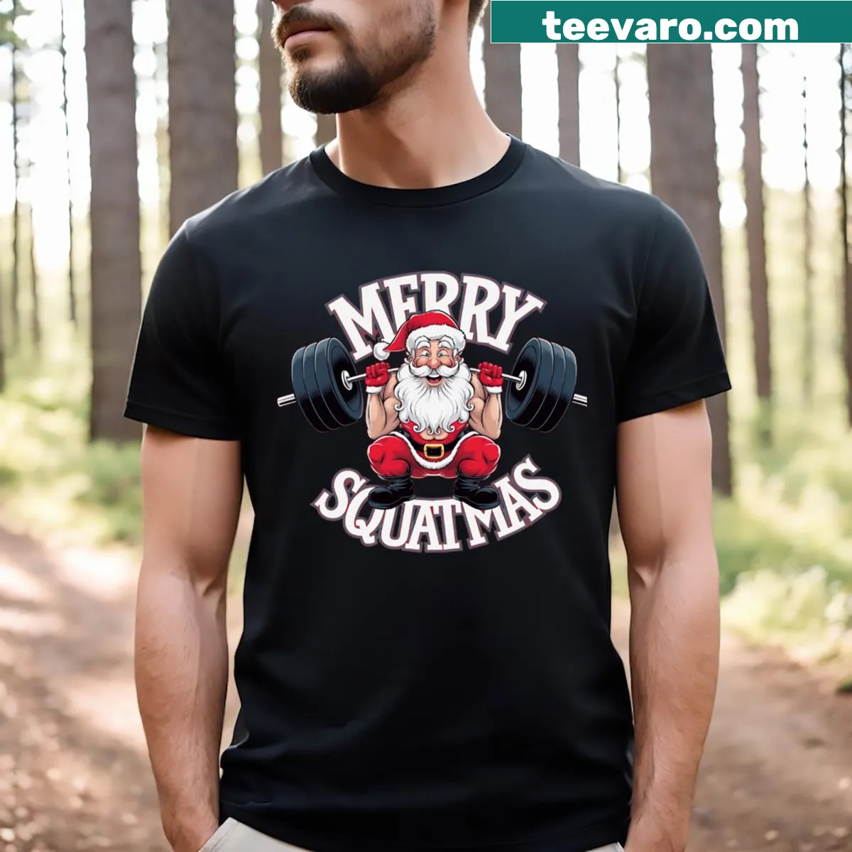 Funny gym shirt with Santa lifting weights and 'Merry Squatmas' text — on a men's t-shirt