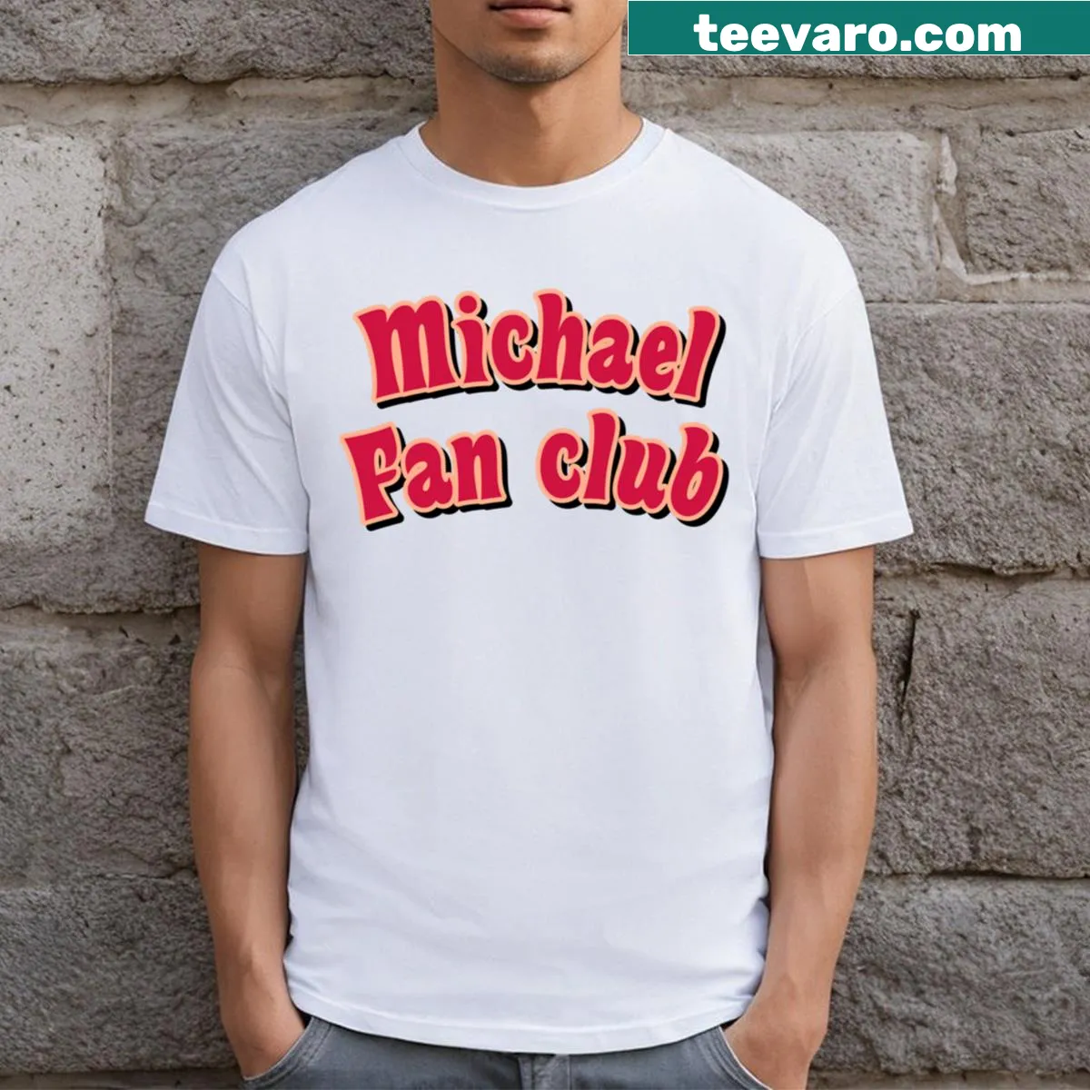 Red t-shirt with 'Michael Fan Club' text — on a men's t-shirt