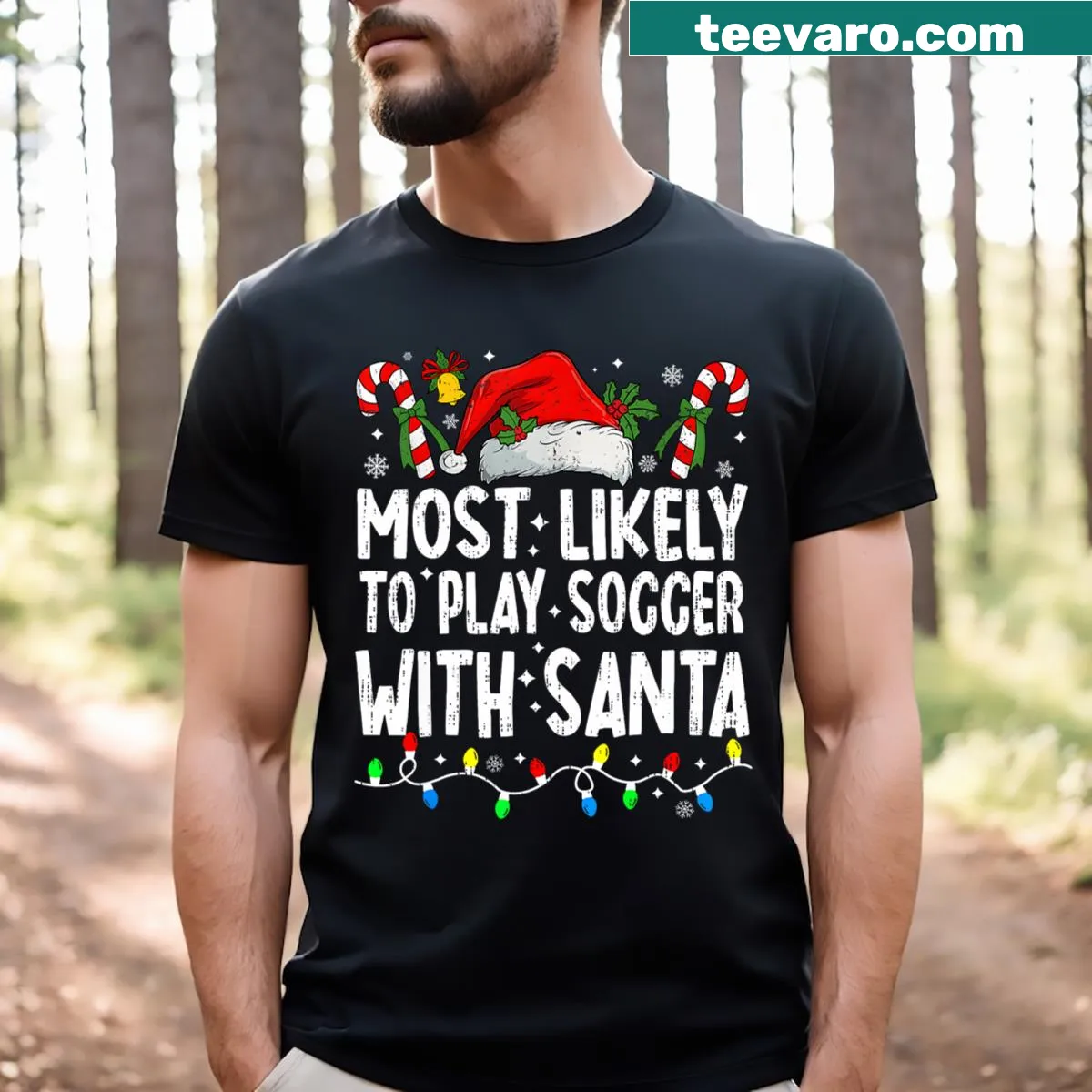 T-shirt depicting playful soccer theme with Santa — on a men's t-shirt