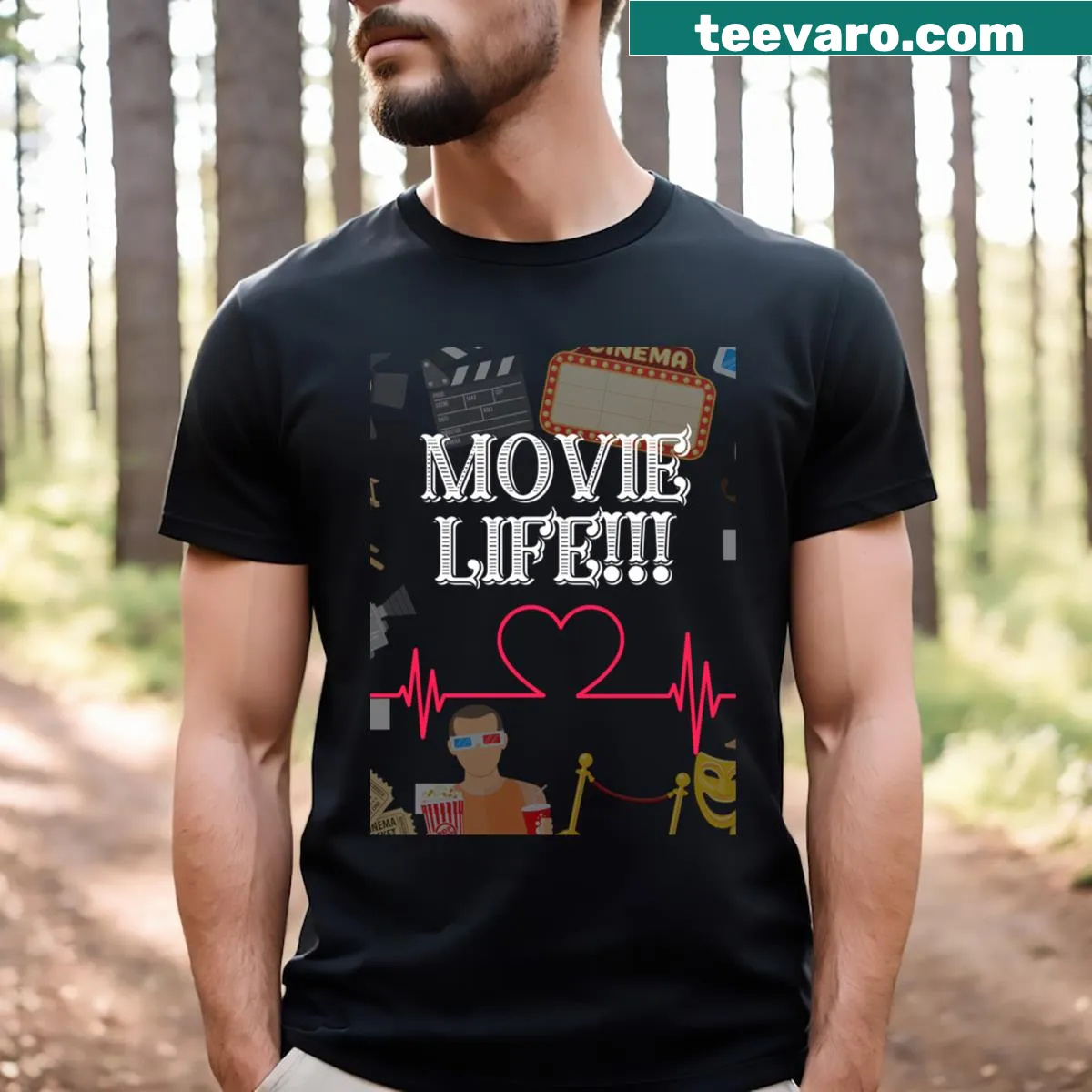 T-shirt with the phrase 'Movie Life' in a fun typography design — on a men's t-shirt