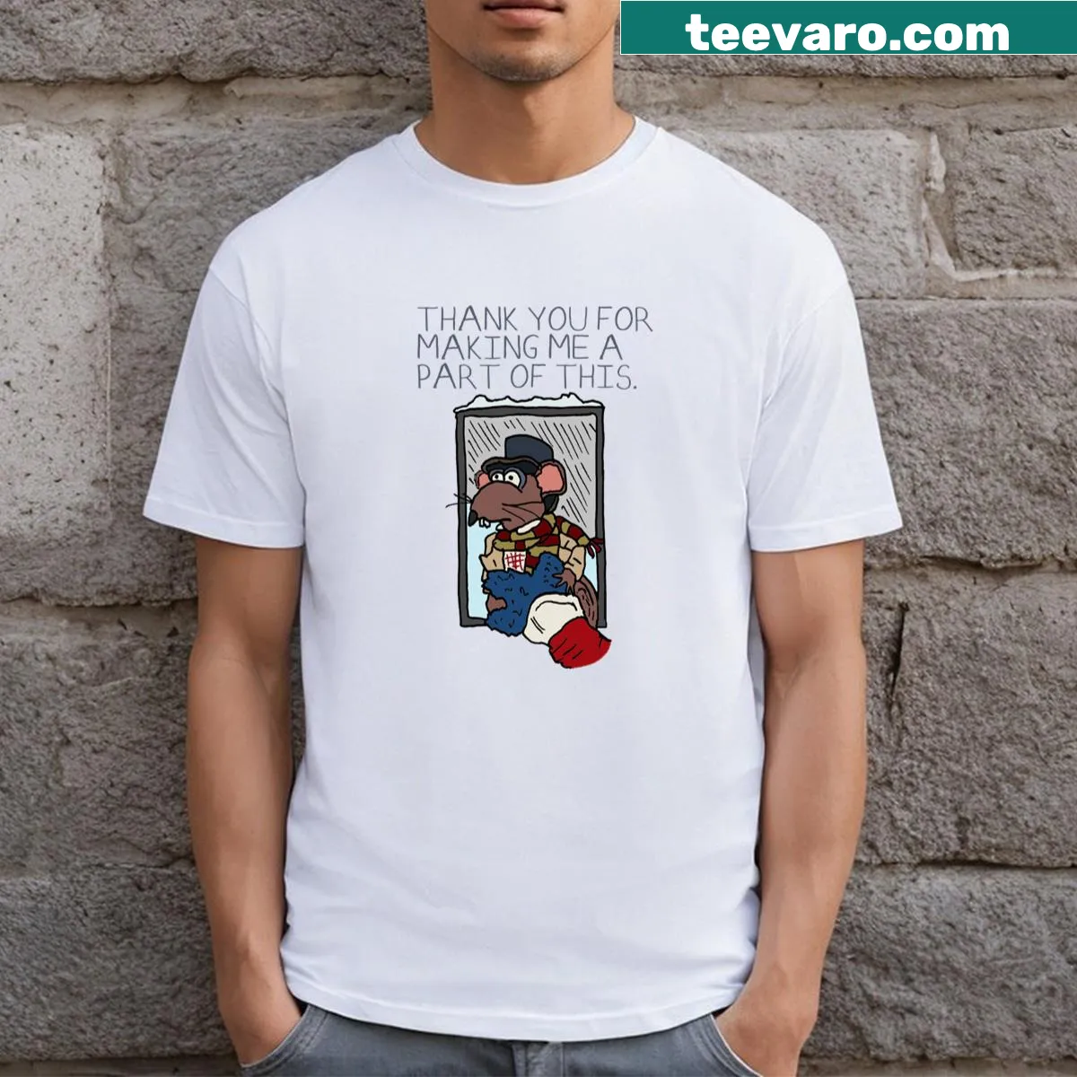 T-shirt featuring Rizzo from Muppet Christmas Carol — on a men's t-shirt