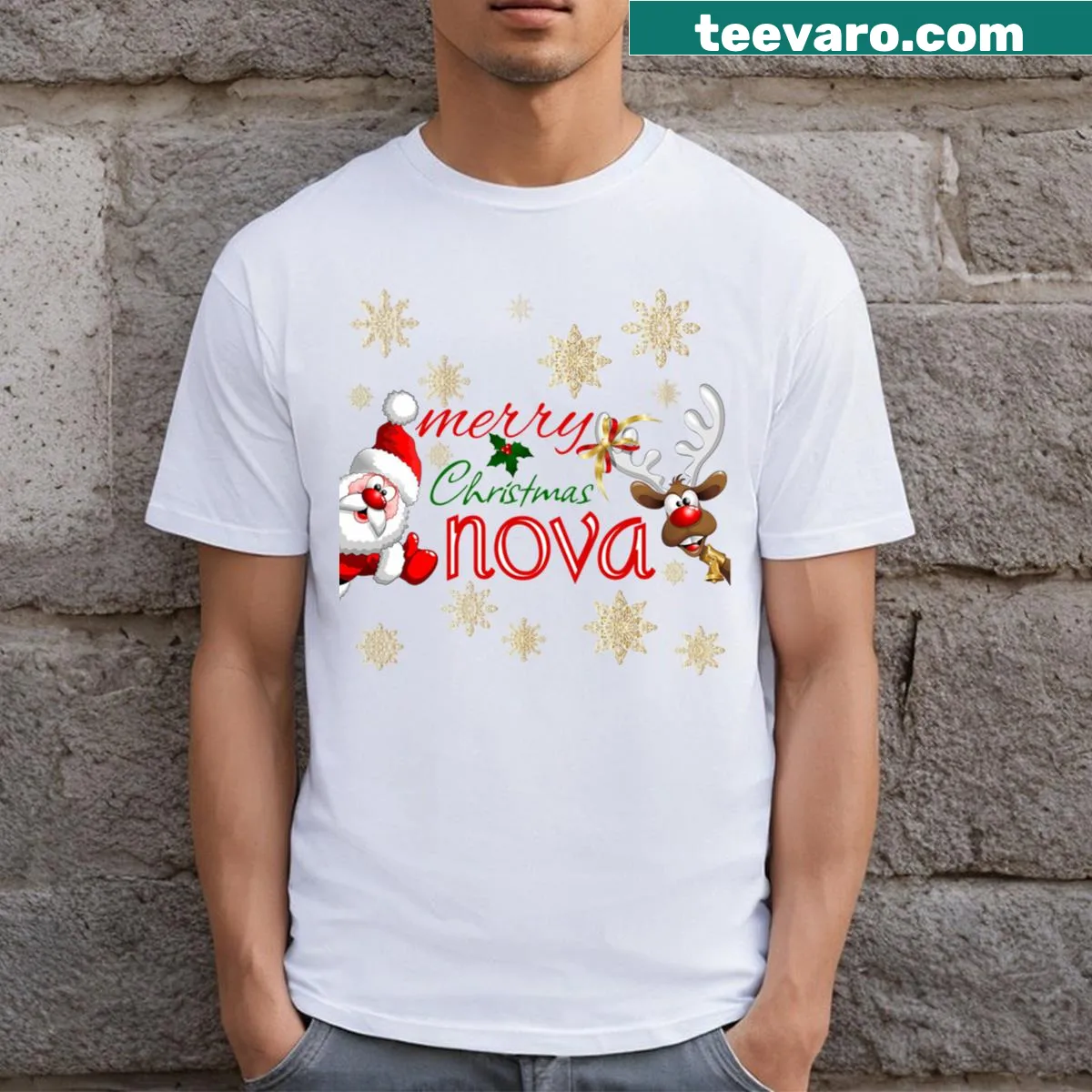 Christmas nametag t-shirt featuring the name Nova with festive motifs — on a men's t-shirt