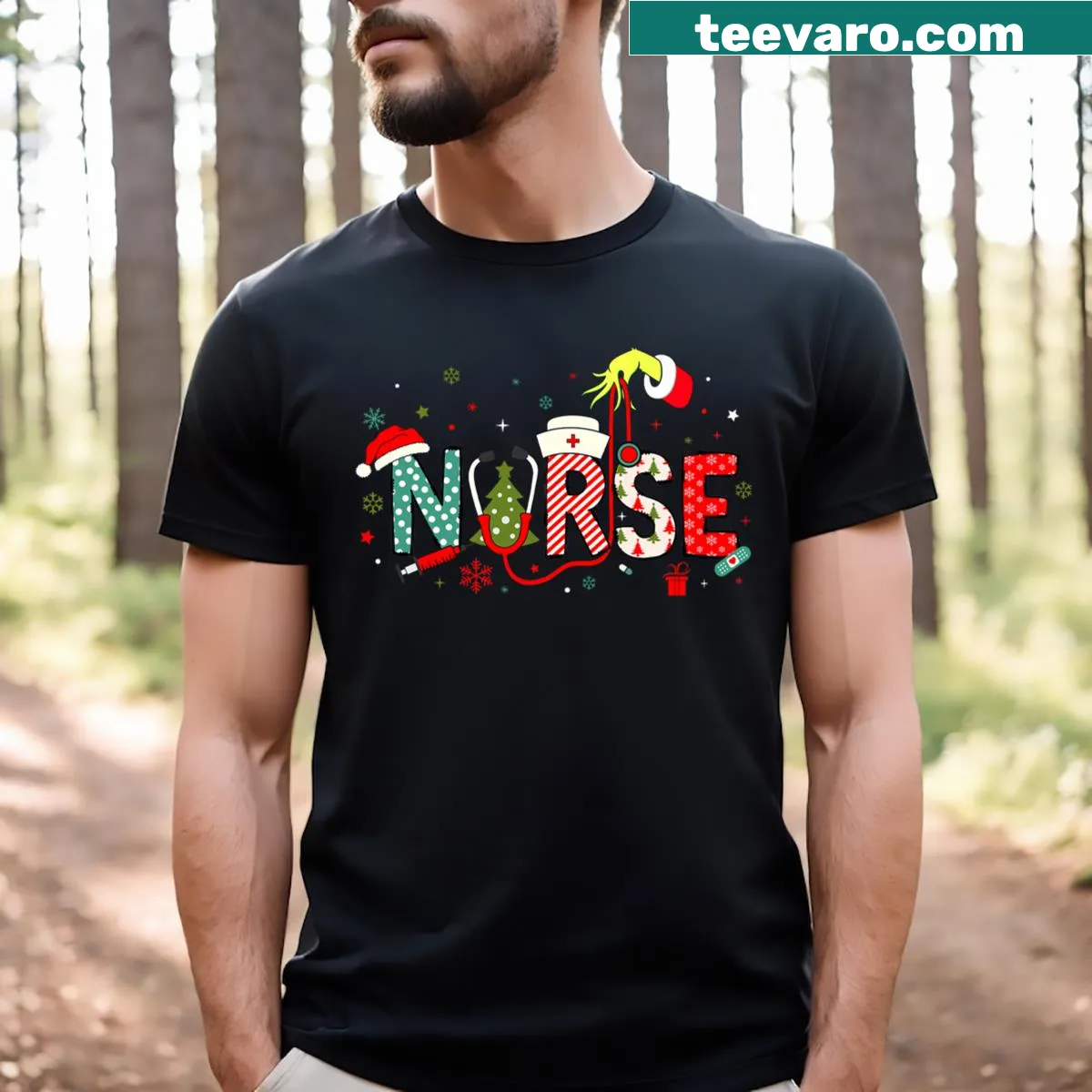 Nursing Christmas T-shirt with festive stethoscope design — on a men's t-shirt