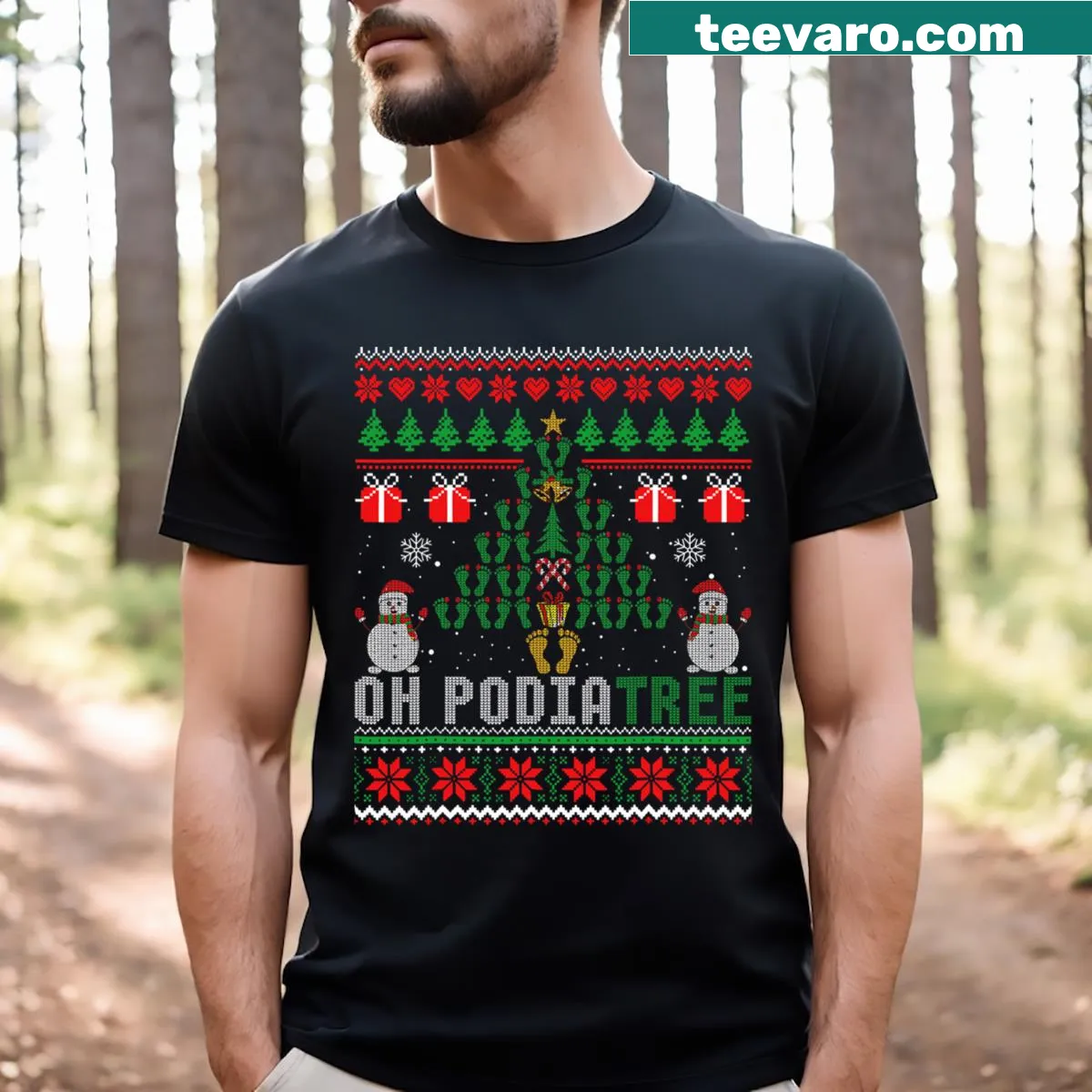 Podiatry-themed Christmas tree T-shirt with festive foot graphics — on a men's t-shirt