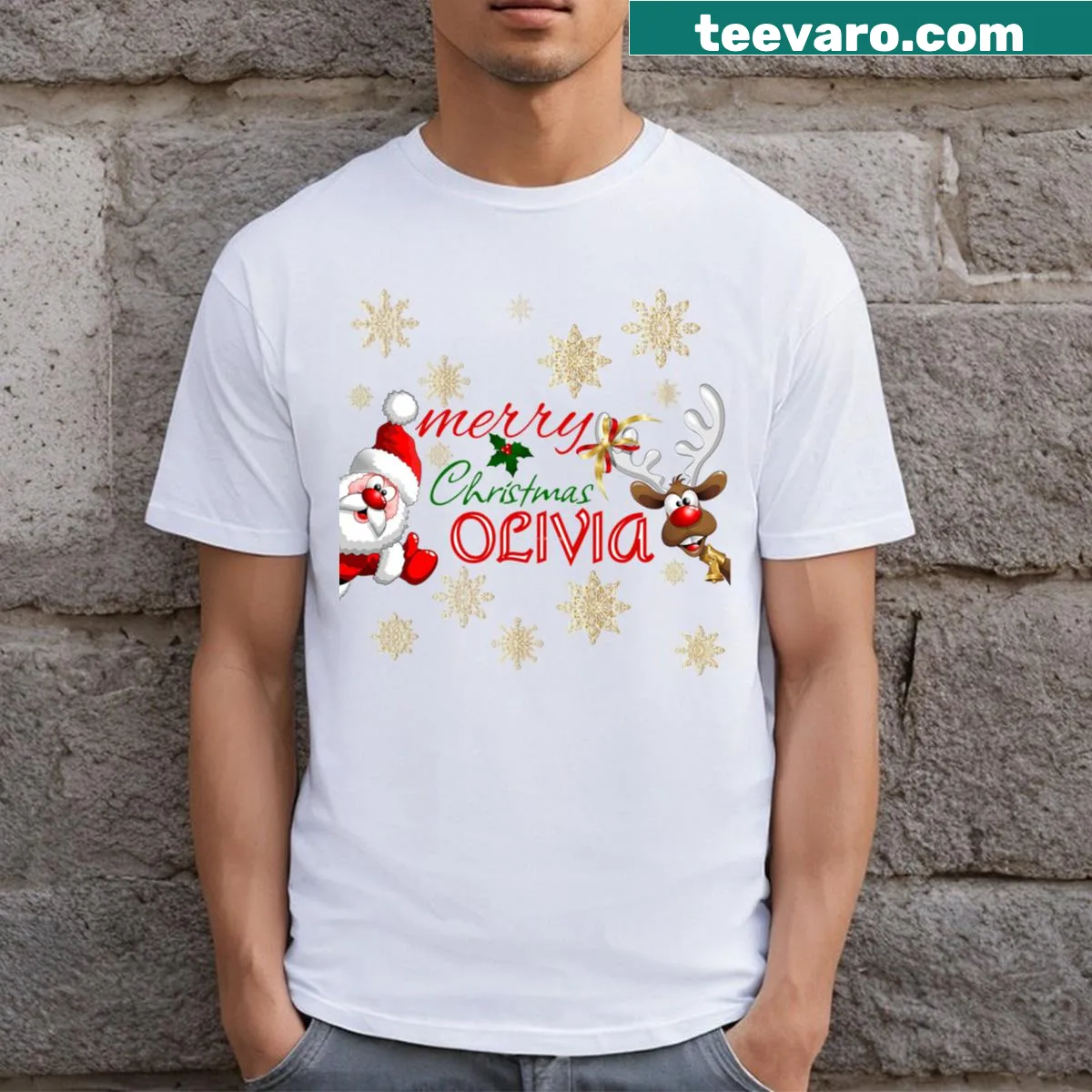 Festive Christmas nametag T-shirt with the name 'Olivia' — on a men's t-shirt
