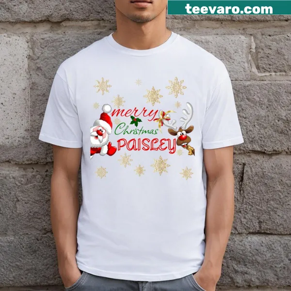 Personalized Christmas nametag T-shirt with 'Merry Christmas' and paisley design